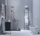 Idealer Badezimmerbereich mit moderner Waschbeckenanlage von Ideal Standard. Enthält Dusche, Handtücher, Waschbecken und WC in schlichter, zeitgemäßer Gestaltung.